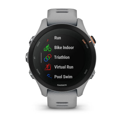 Garmin Forerunner 255S smartwatch displaying various activity modes including Run, Bike Indoor, Triathlon, Virtual Run, and Pool Swim.