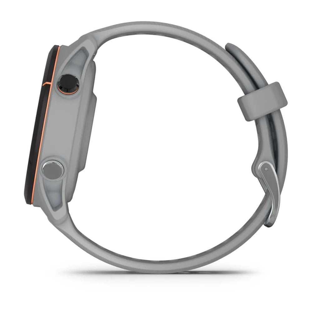 Side view of the Garmin Forerunner 255S smartwatch featuring a gray band and orange accent.