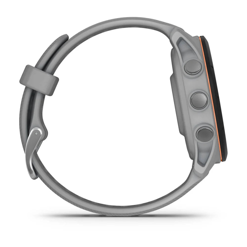 Side view of the Garmin Forerunner 255S smartwatch featuring a gray band and three side buttons.