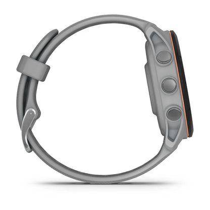Side view of the Garmin Forerunner 255S smartwatch featuring a gray band and three side buttons.