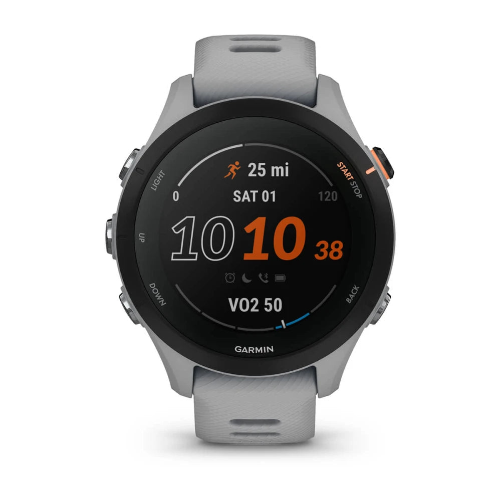 Garmin Forerunner 255S smartwatch displaying a running time of 10:10, distance of 25 miles, and VO2 max of 50.