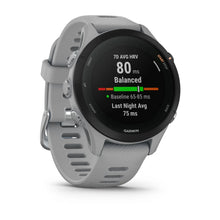 Garmin Forerunner 255S smartwatch displaying heart rate variability data with a gray strap.