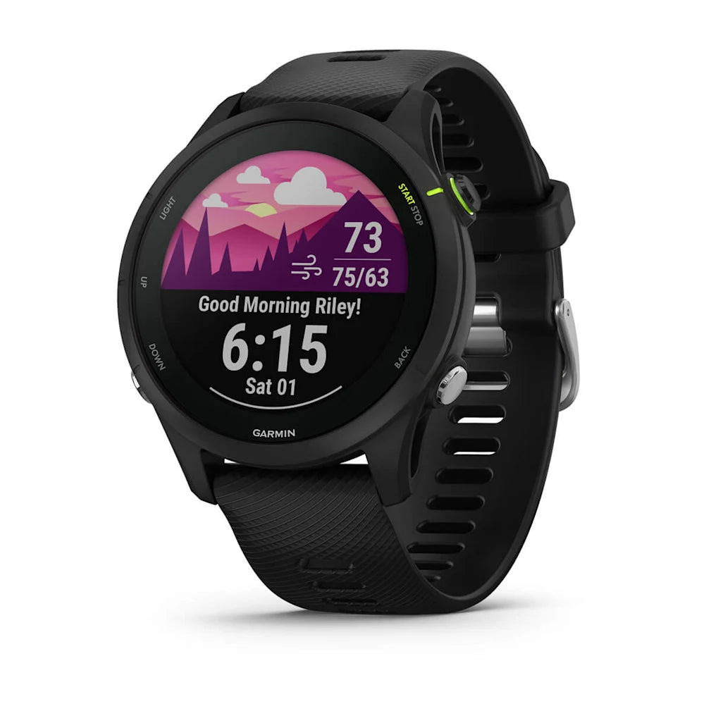 Garmin Forerunner 255 Music smartwatch displaying a colorful screen with health metrics and the message 'Good Morning Riley!' showing the time as 6:15 on a Saturday.