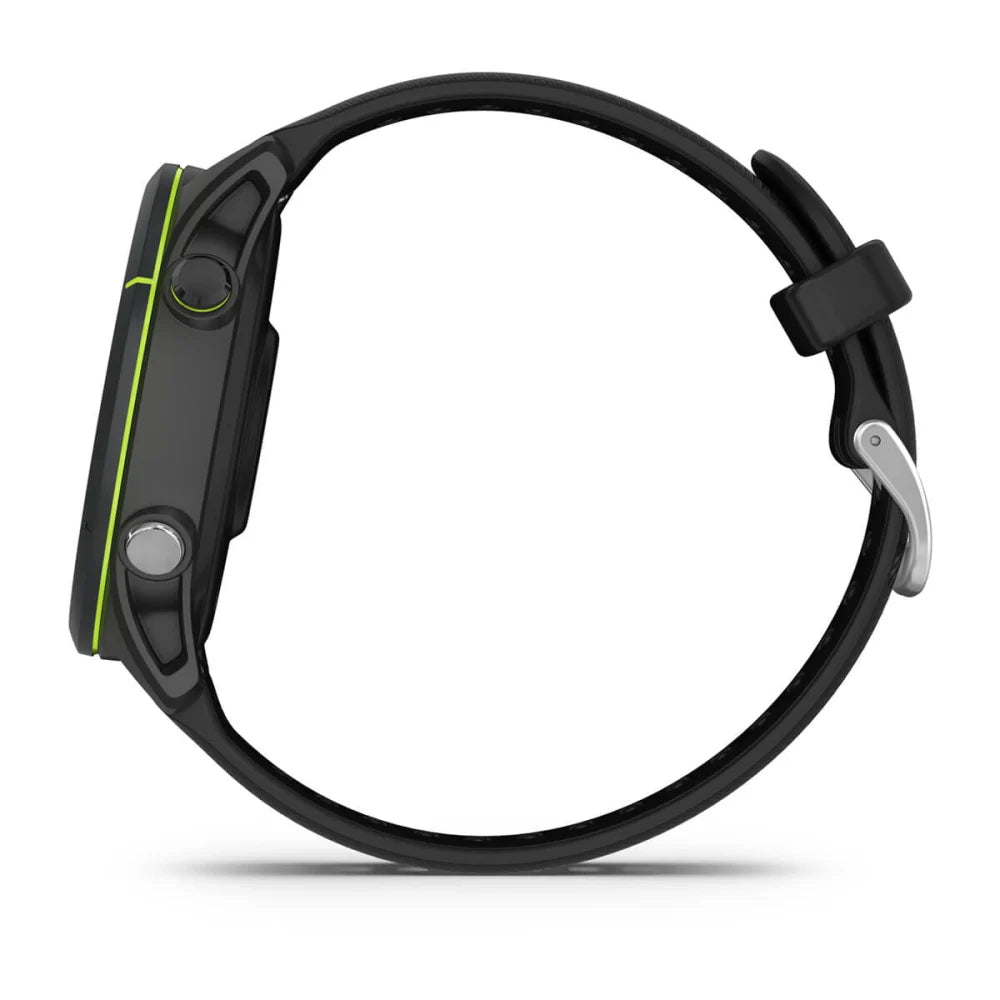 Garmin Forerunner 255 Music smartwatch shown from the side, featuring a black strap and green accents.