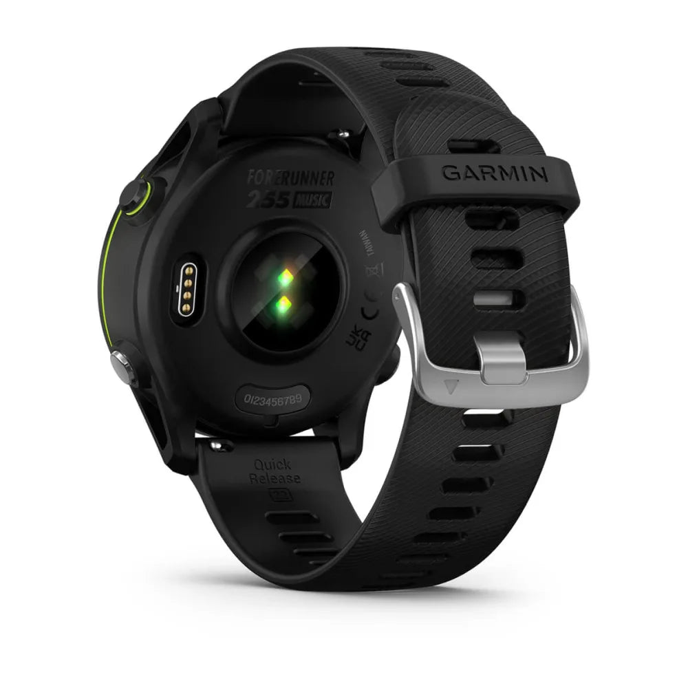 Back view of the Garmin Forerunner 255 Music smartwatch featuring a black strap and heart rate sensor.