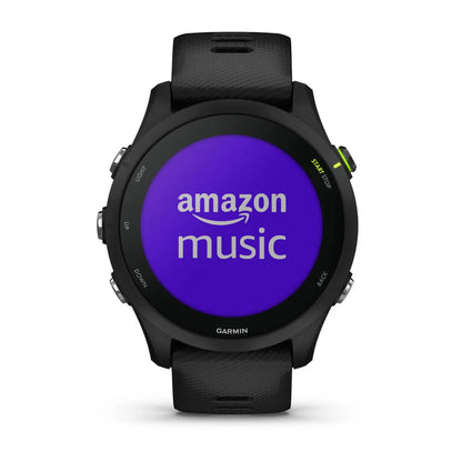 Garmin Forerunner 255 Music smartwatch displaying the Amazon Music logo on its screen.