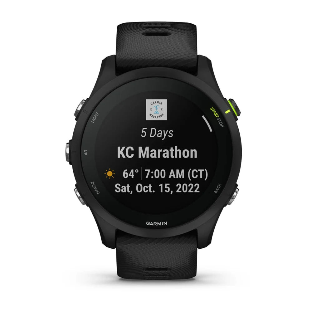 Garmin Forerunner 255 Music displaying a countdown to the KC Marathon with date and time details.