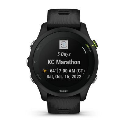Garmin Forerunner 255 Music displaying a countdown to the KC Marathon with date and time details.