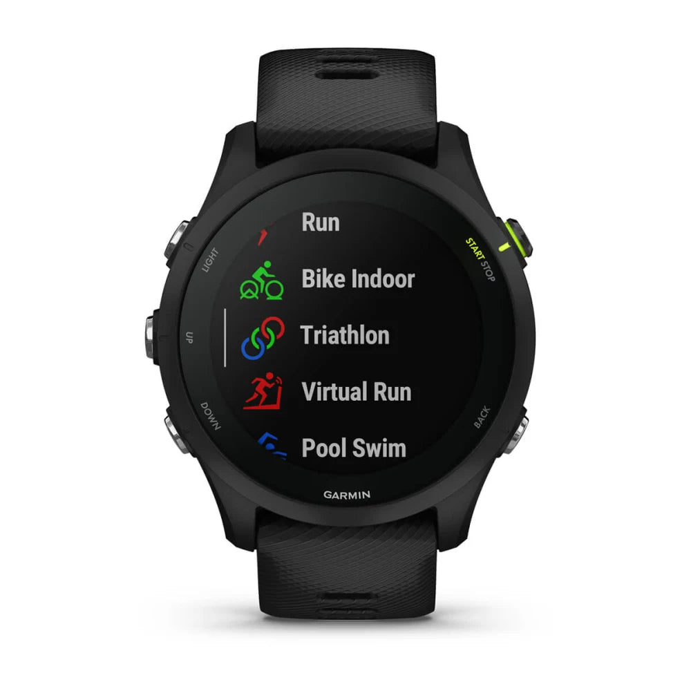 Garmin Forerunner 255 Music displaying various workout modes including Run, Bike Indoor, Triathlon, Virtual Run, and Pool Swim.