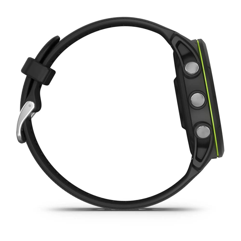 Garmin Forerunner 255 Music smartwatch shown from the side with a black strap and green accent.