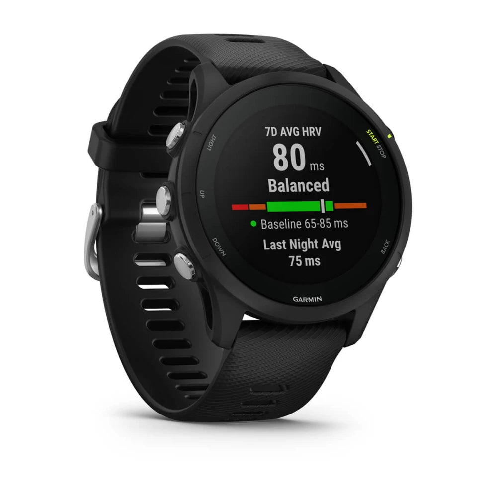 Garmin Forerunner 255 Music displaying heart rate variability data with a black strap and a sleek design.