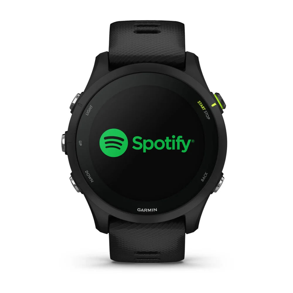 Garmin Forerunner 255 Music displaying the Spotify logo on its screen.
