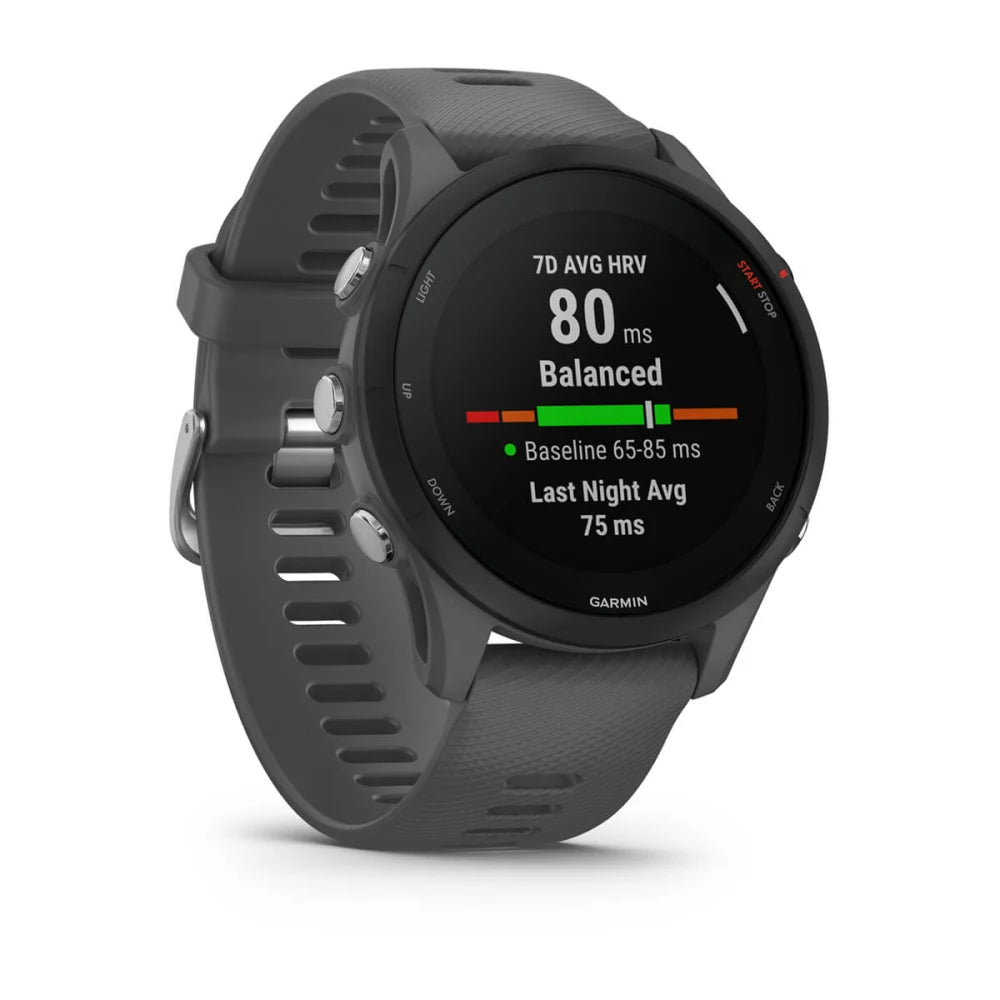Garmin Forerunner 255 smartwatch displaying heart rate variability metrics on its screen.