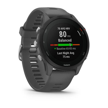 Garmin Forerunner 255 smartwatch displaying heart rate variability metrics on its screen.