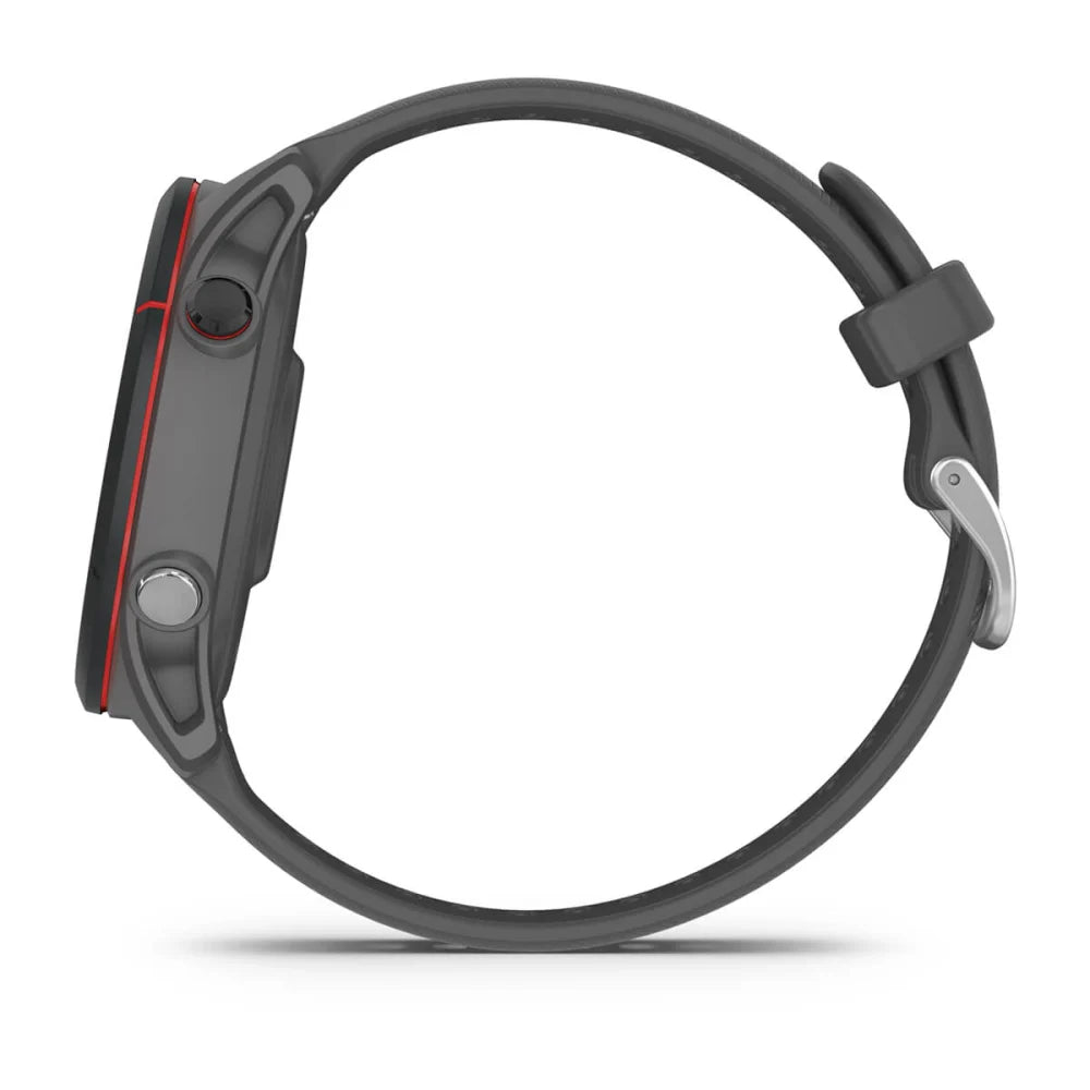 Side view of the Garmin Forerunner 255 smartwatch, featuring a sleek design with a black and red color scheme.