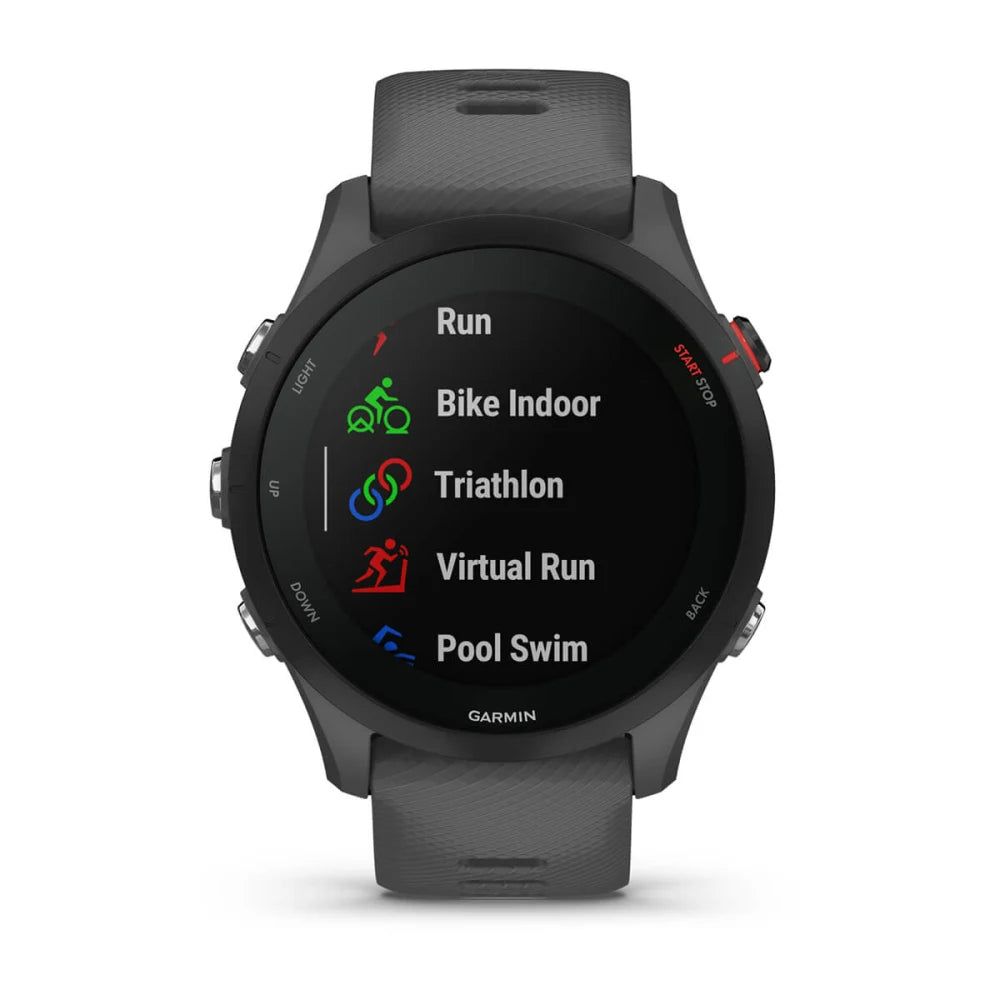 Garmin Forerunner 255 smartwatch displaying various activity options including Run, Bike Indoor, Triathlon, Virtual Run, and Pool Swim.
