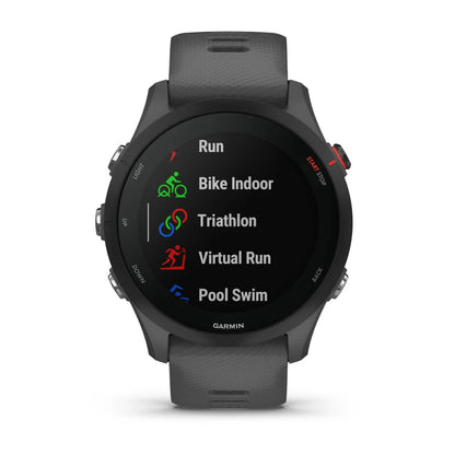 Garmin Forerunner 255 smartwatch displaying various activity options including Run, Bike Indoor, Triathlon, Virtual Run, and Pool Swim.