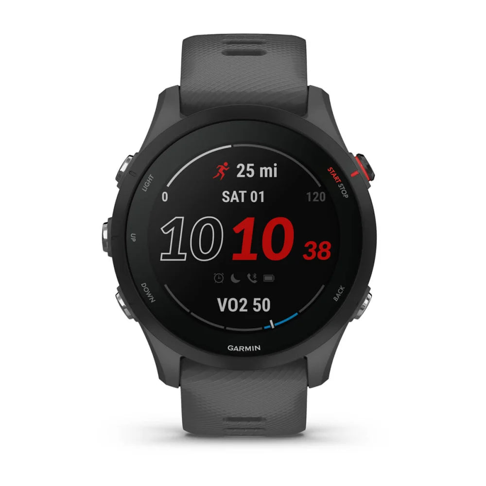 Garmin Forerunner 255 smartwatch displaying running metrics including distance, date, and heart rate.