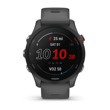 Garmin Forerunner 255 smartwatch displaying running metrics including distance, date, and heart rate.