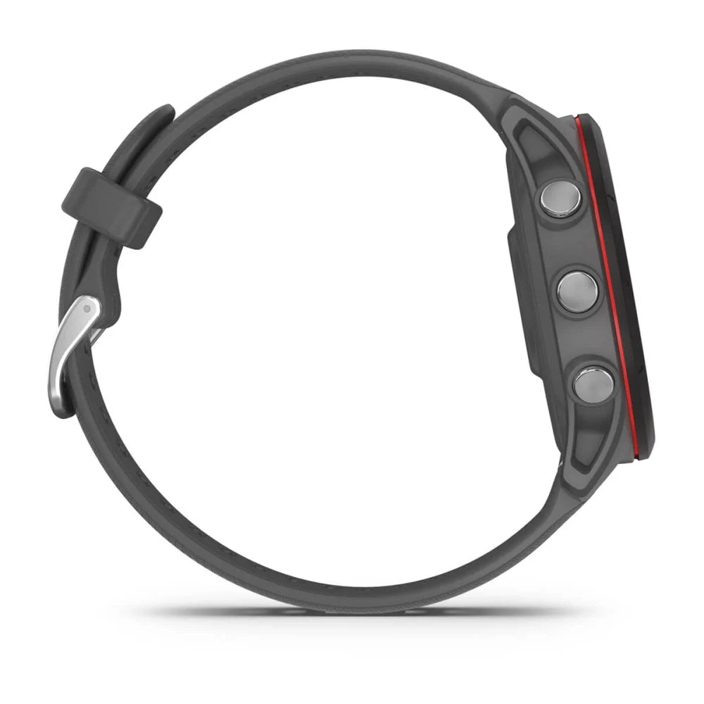 Side view of the Garmin Forerunner 255 smartwatch with a black strap and three buttons on the side.