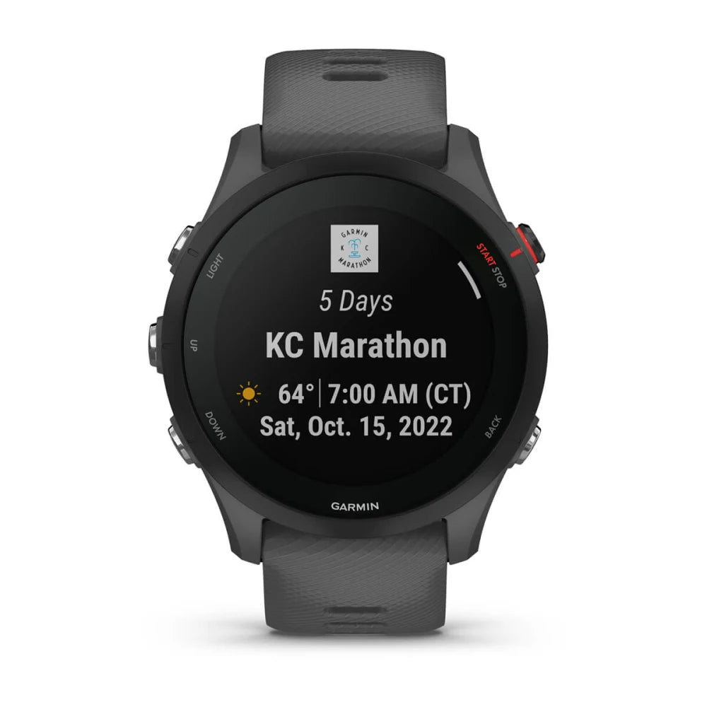 Garmin Forerunner 255 displaying a countdown for the KC Marathon with details including '5 Days', temperature, time, and date.