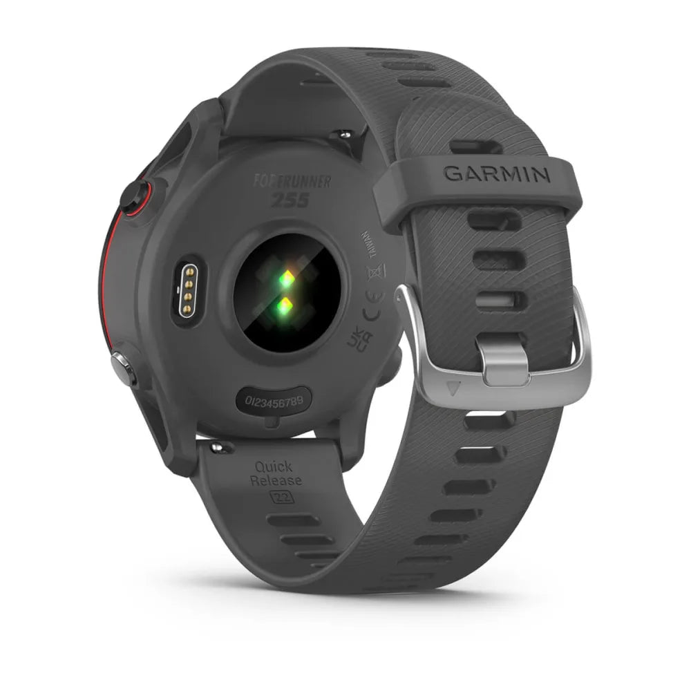 Back view of the Garmin Forerunner 255 smartwatch, showcasing its sensors and strap design.
