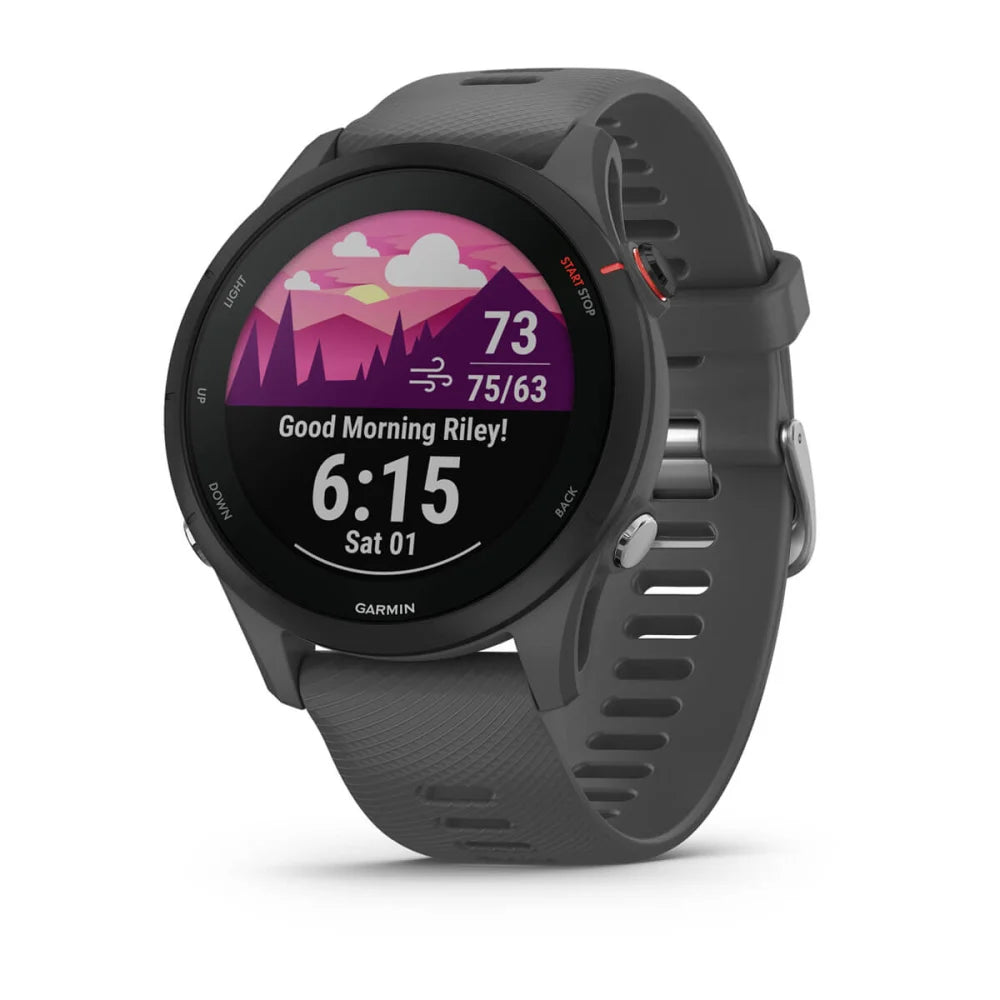 Garmin Forerunner 255 smartwatch displaying a colorful morning screen with the time 6:15 and weather information.