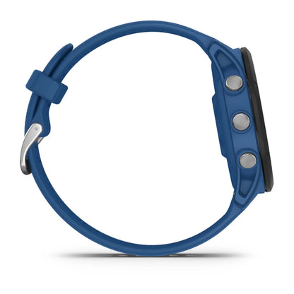Side view of a Garmin Forerunner 255 smartwatch with a blue strap and three buttons on the side.