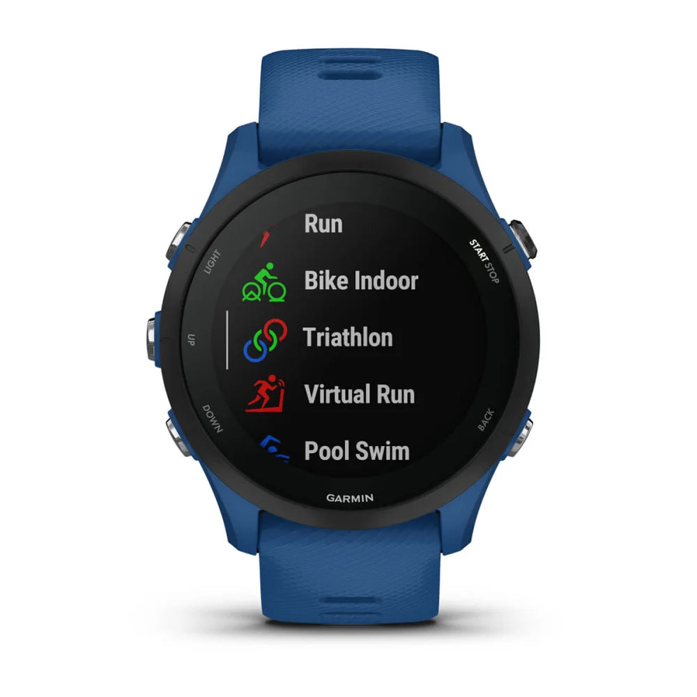 Garmin Forerunner 255 smartwatch displaying various workout options including Run, Bike Indoor, Triathlon, Virtual Run, and Pool Swim.