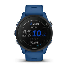 Garmin Forerunner 255 smartwatch displaying running metrics, including distance and time, with a blue strap.