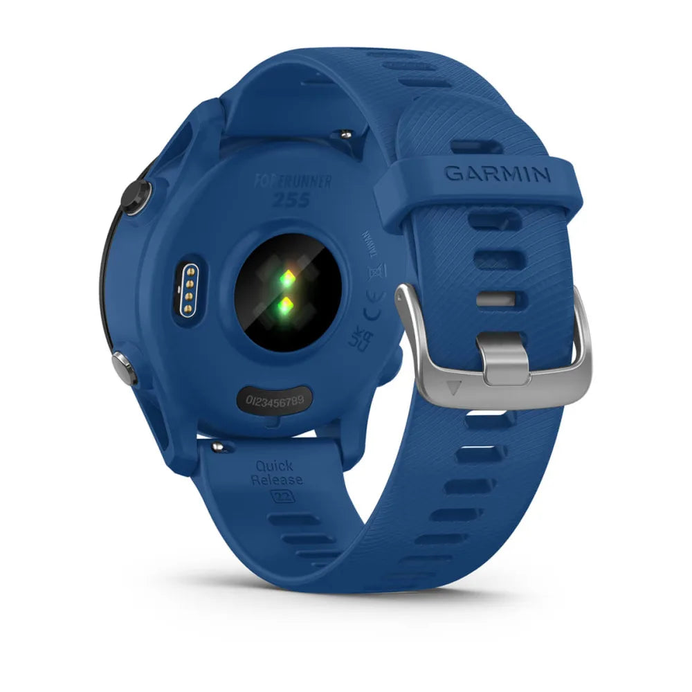 Back view of a blue Garmin Forerunner 255 smartwatch, showcasing the sensor and quick release strap.