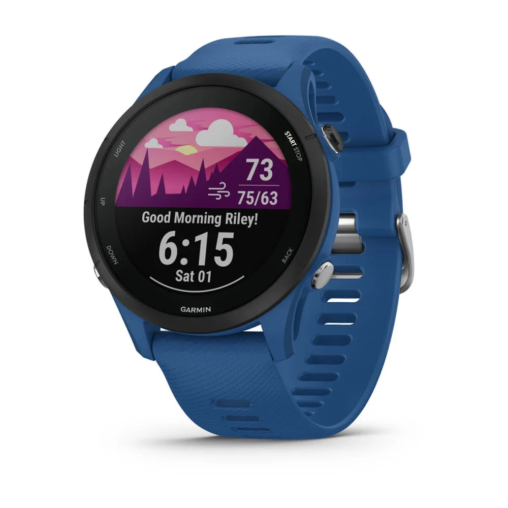 Garmin Forerunner 255 smartwatch with a blue strap displaying a colorful morning greeting and fitness metrics on the screen.