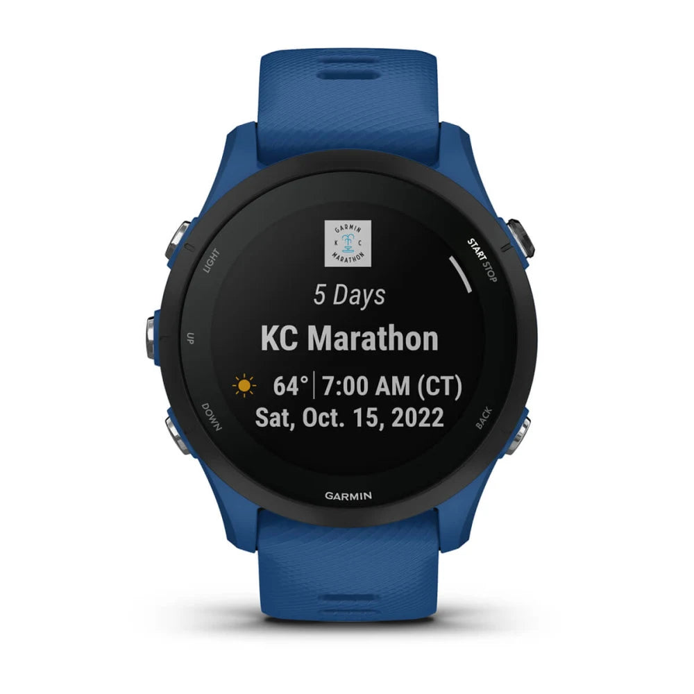 Garmin Forerunner 255 smartwatch displaying a countdown for the KC Marathon with the date and weather information.