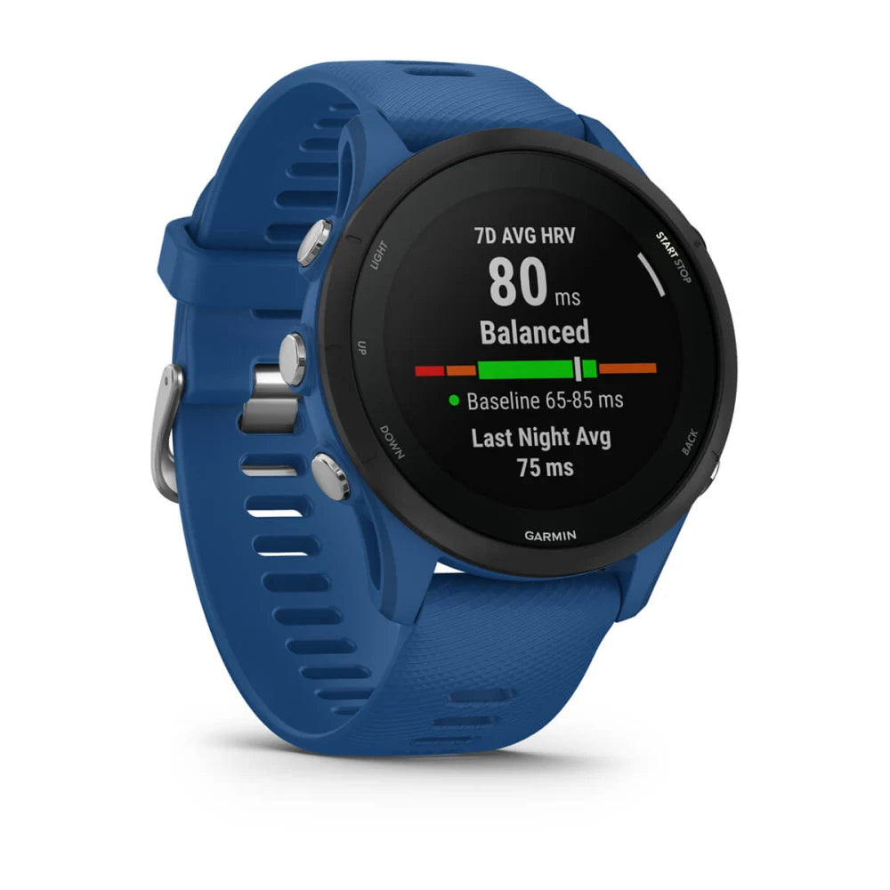 Garmin Forerunner 255 smartwatch displaying heart rate variability data with a blue strap.