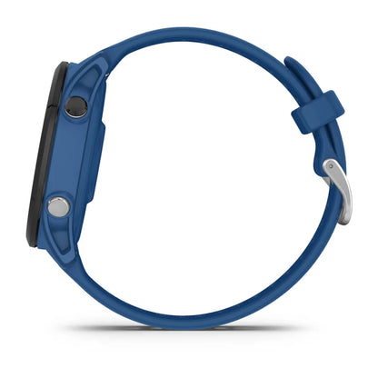 Garmin Forerunner 255 smartwatch displayed from the side with a blue strap.