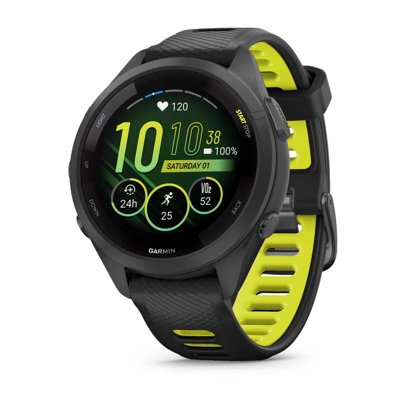 Garmin Forerunner 265S smartwatch displaying heart rate, time, and activity metrics with a black and neon yellow strap.
