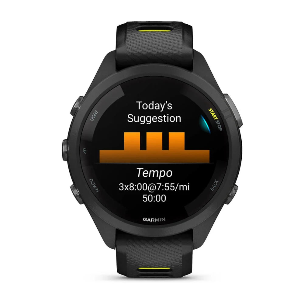 Garmin Forerunner 265S smartwatch displaying a workout suggestion with a tempo run schedule.