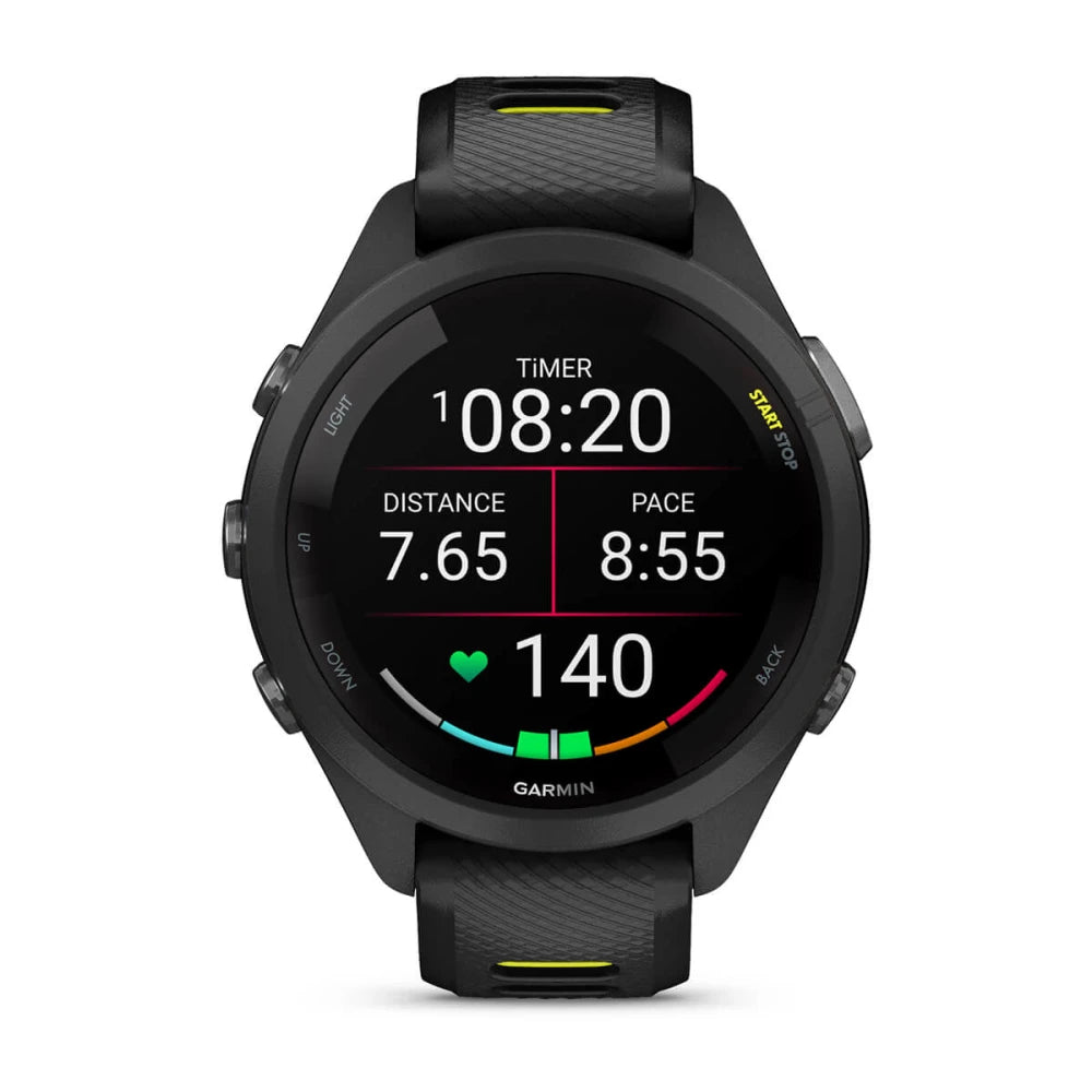 Garmin Forerunner 265S smartwatch displaying timer, distance of 7.65 miles, pace of 8:55 minutes per mile, and heart rate of 140 bpm.