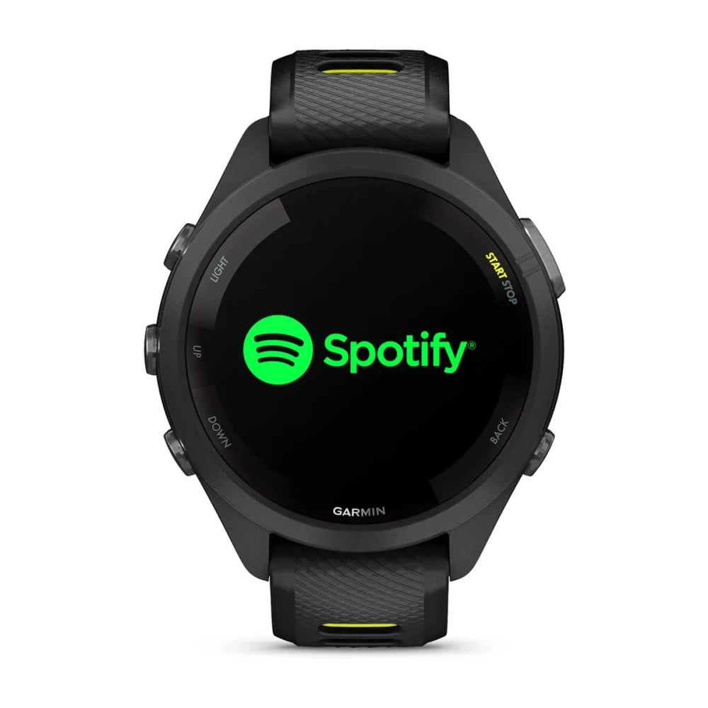 Garmin Forerunner 265S smartwatch displaying the Spotify logo on its screen.