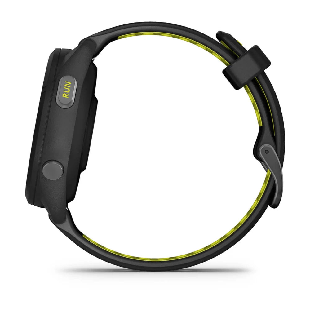 Side view of the Garmin Forerunner 265S smartwatch, featuring a black strap with a yellow accent and a button labeled RUN.