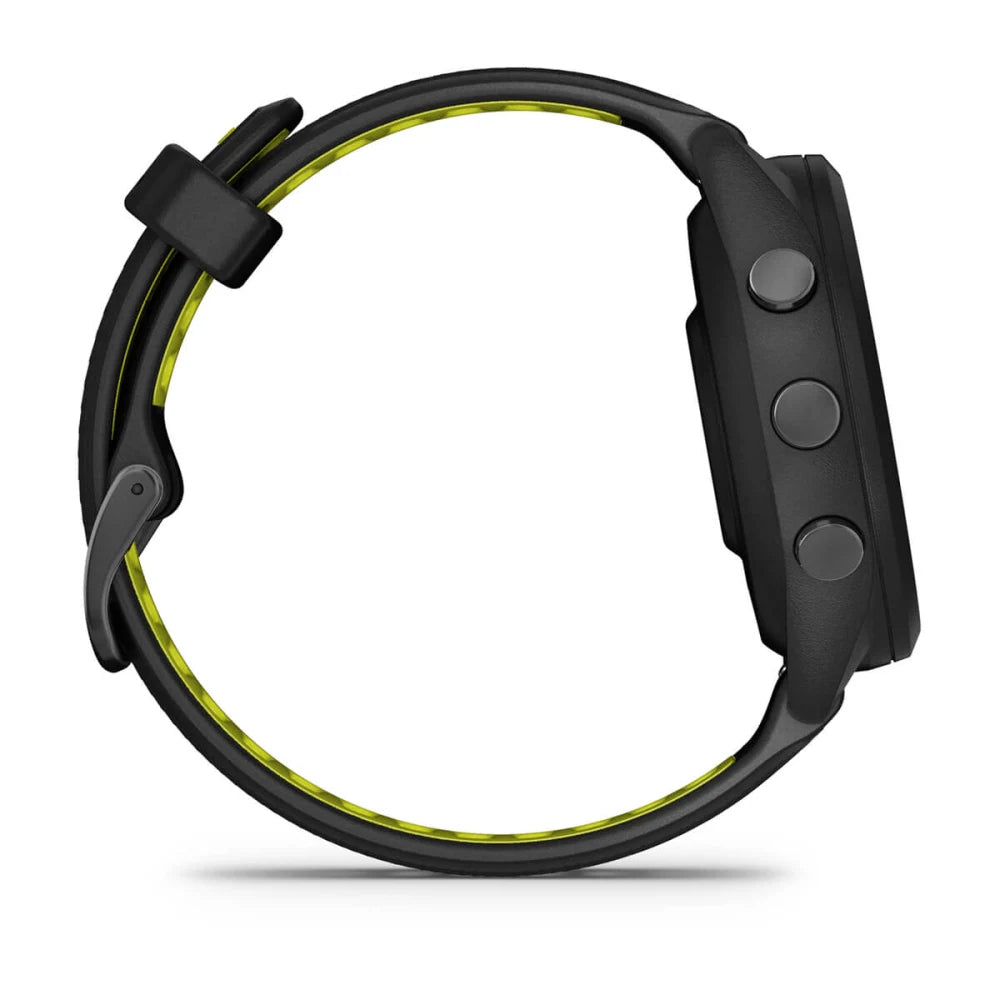 Side view of the Garmin Forerunner 265S smartwatch featuring a black case and a vibrant yellow strap.