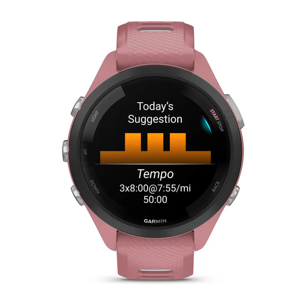 Garmin Forerunner 265S displaying a workout suggestion for a tempo run with specific pace and duration.