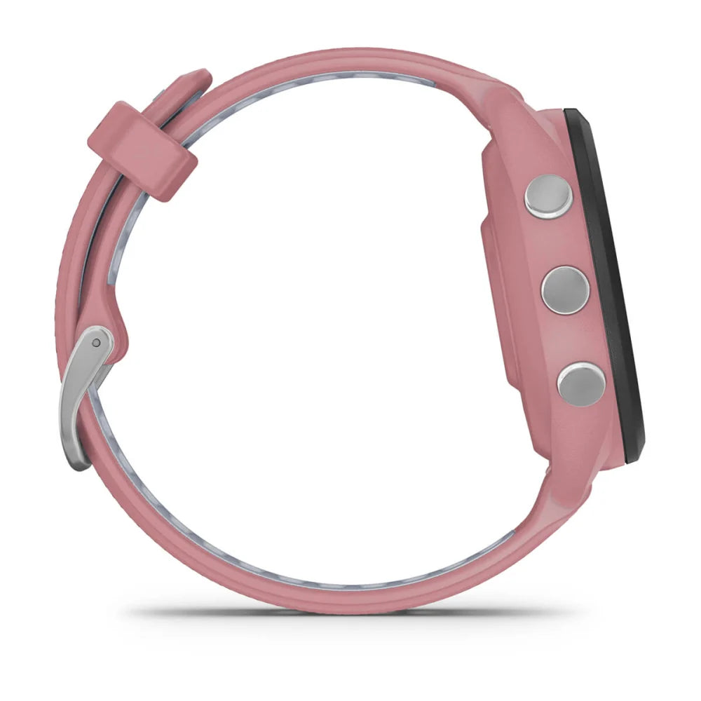 Side view of the Garmin Forerunner 265S smartwatch in pink, showcasing its buttons and sleek design.