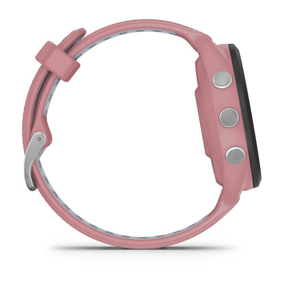 Side view of the Garmin Forerunner 265S smartwatch in pink, showcasing its buttons and sleek design.