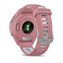 Back view of the Garmin Forerunner 265S smartwatch in pink, showcasing the heart rate monitor and adjustable strap.
