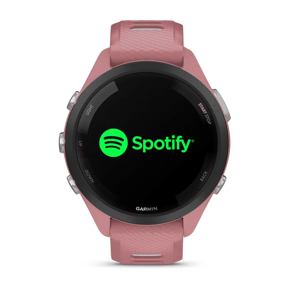 Garmin Forerunner 265S smartwatch displaying the Spotify logo on its screen.