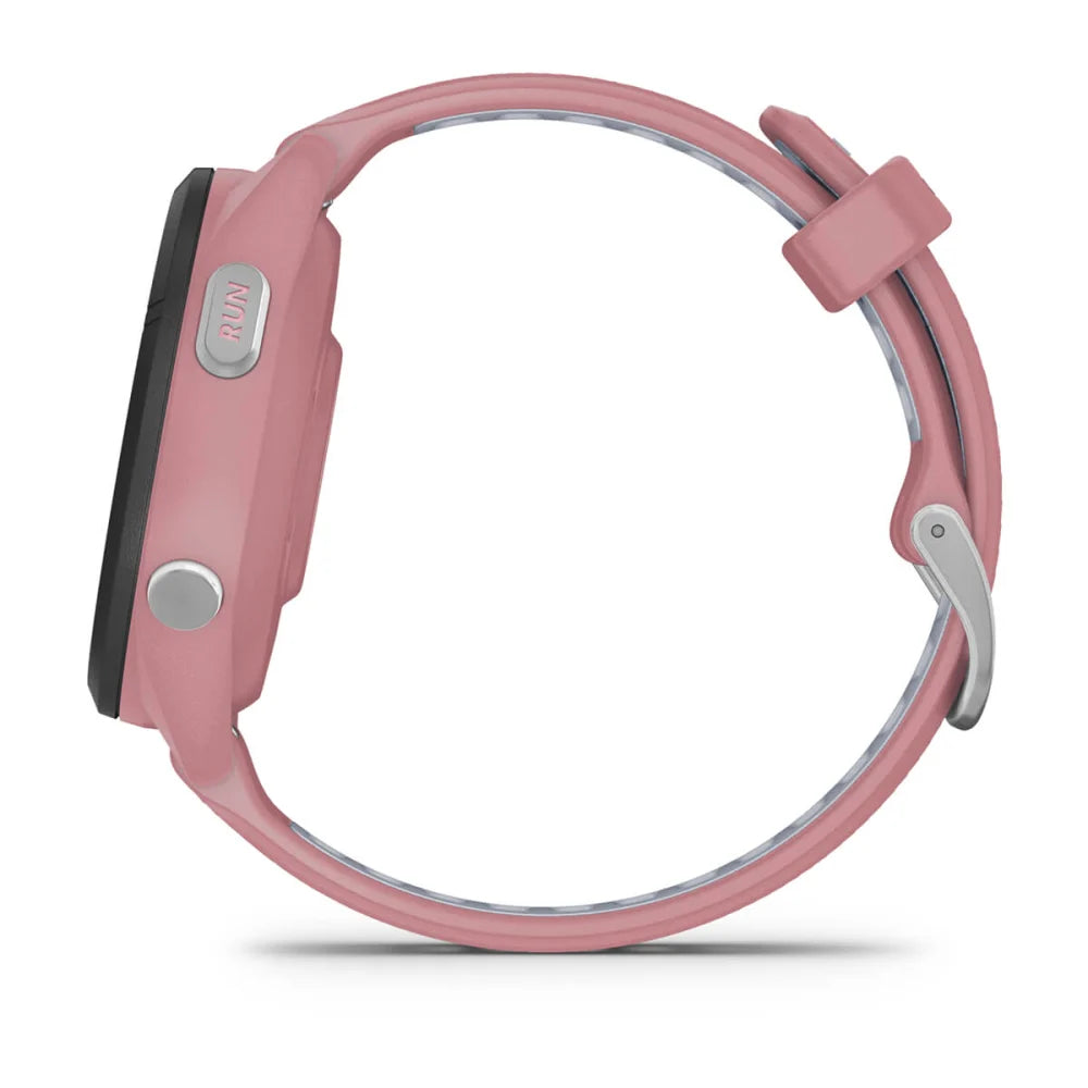 Garmin Forerunner 265S smartwatch in pink, viewed from the side, showcasing its sleek design and buttons.
