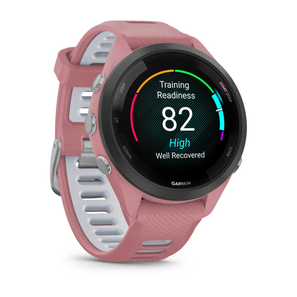 Garmin Forerunner 265S smartwatch displaying training readiness score of 82, with a pink and white strap.