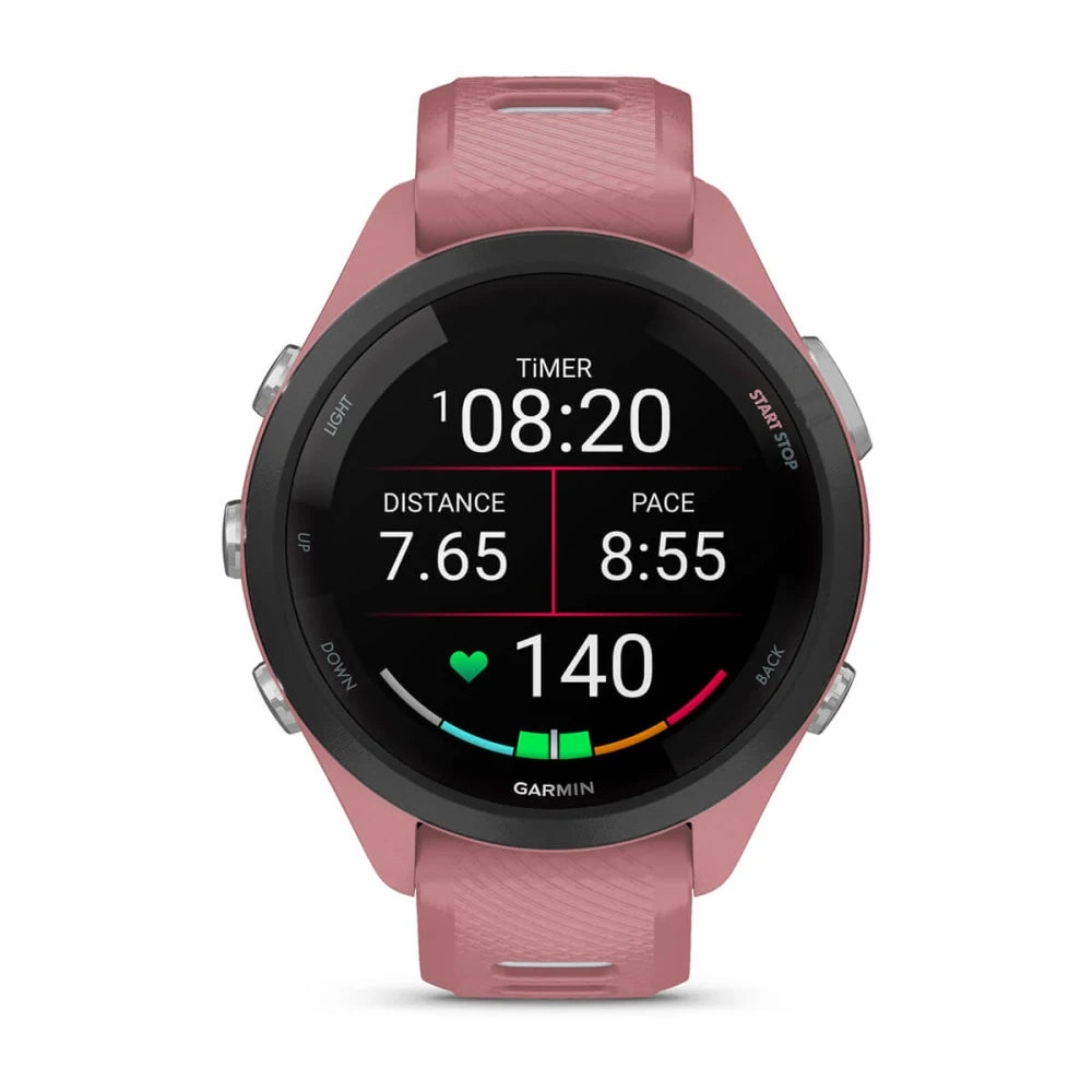 Garmin Forerunner 265S smartwatch displaying timer, distance of 7.65 miles, pace of 8:55 per mile, and heart rate of 140 beats per minute.
