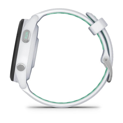 Side view of the Garmin Forerunner 265S smartwatch with a white strap and RUN button.